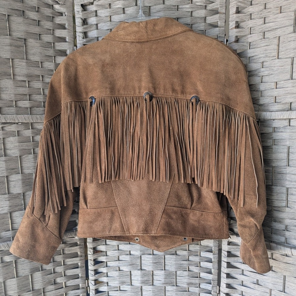 Vtg 80s Taxi Jacket Brown Camel Suede Fringe Western Cropped Womens S Boxy Fit - Picture 4 of 11